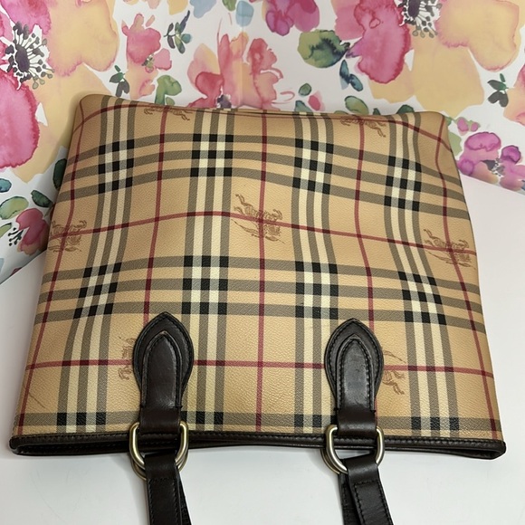 💯Authentic  BURBERRY HAYMARKET CHECK TOTE BAG LEATHER  HANDBAGS WOMEN🍀 - Picture 14 of 17